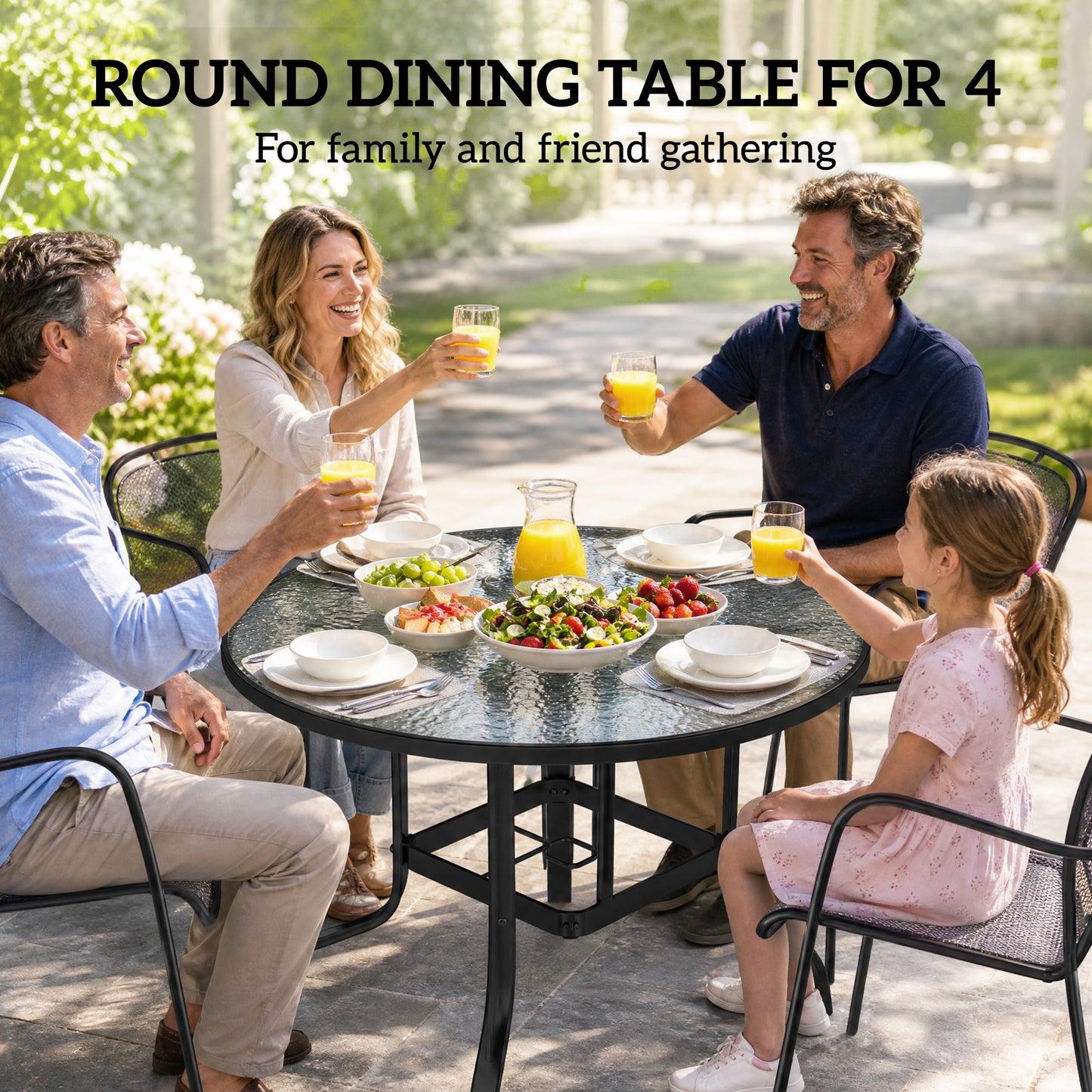 Tempered Glass Top Round Outdoor Dining Table with Parasol Hole, 96.5 x 96.5 x 71 cm