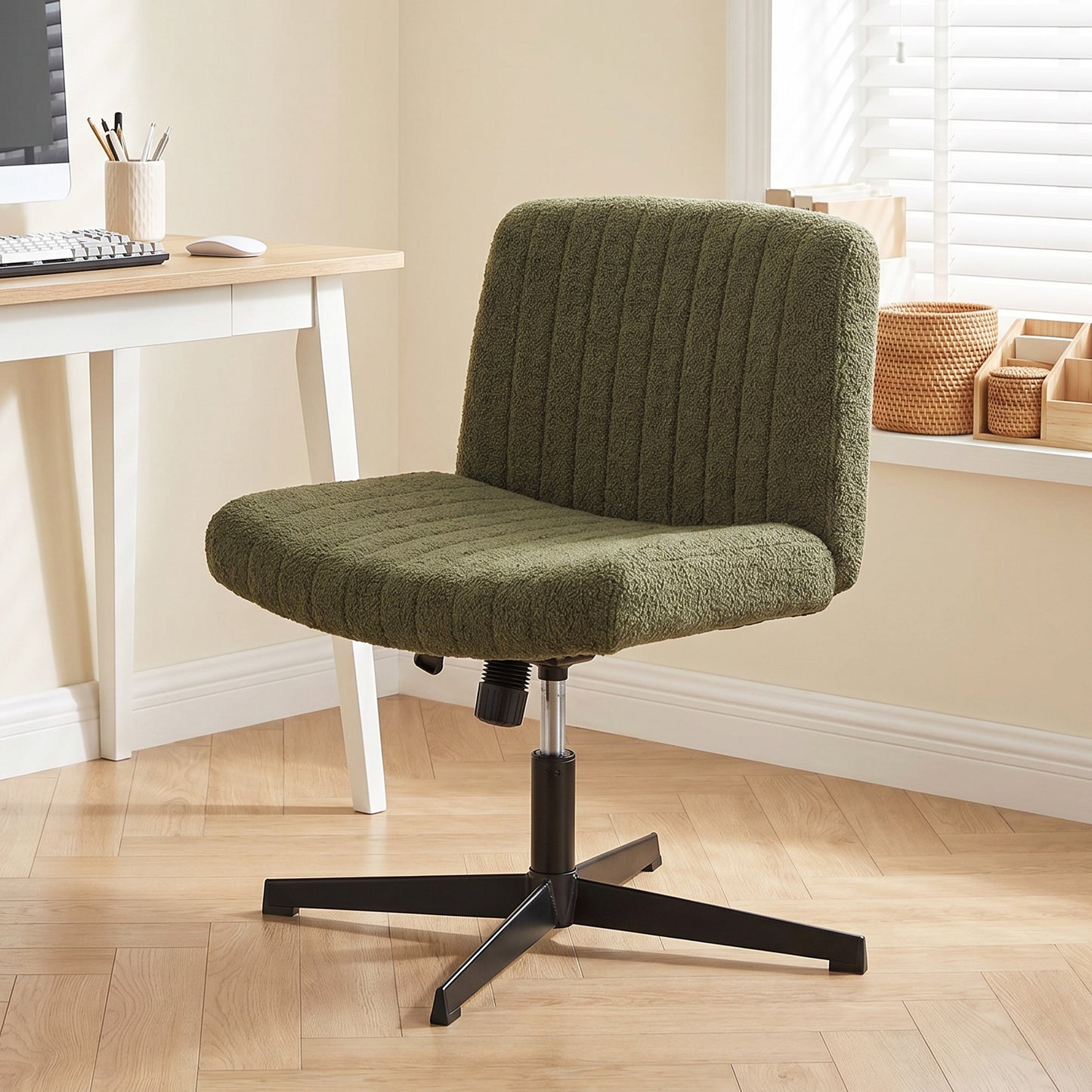 Teddy Fleece Criss Cross Legged Desk Chair, Armless Office Chair No Wheels, Green