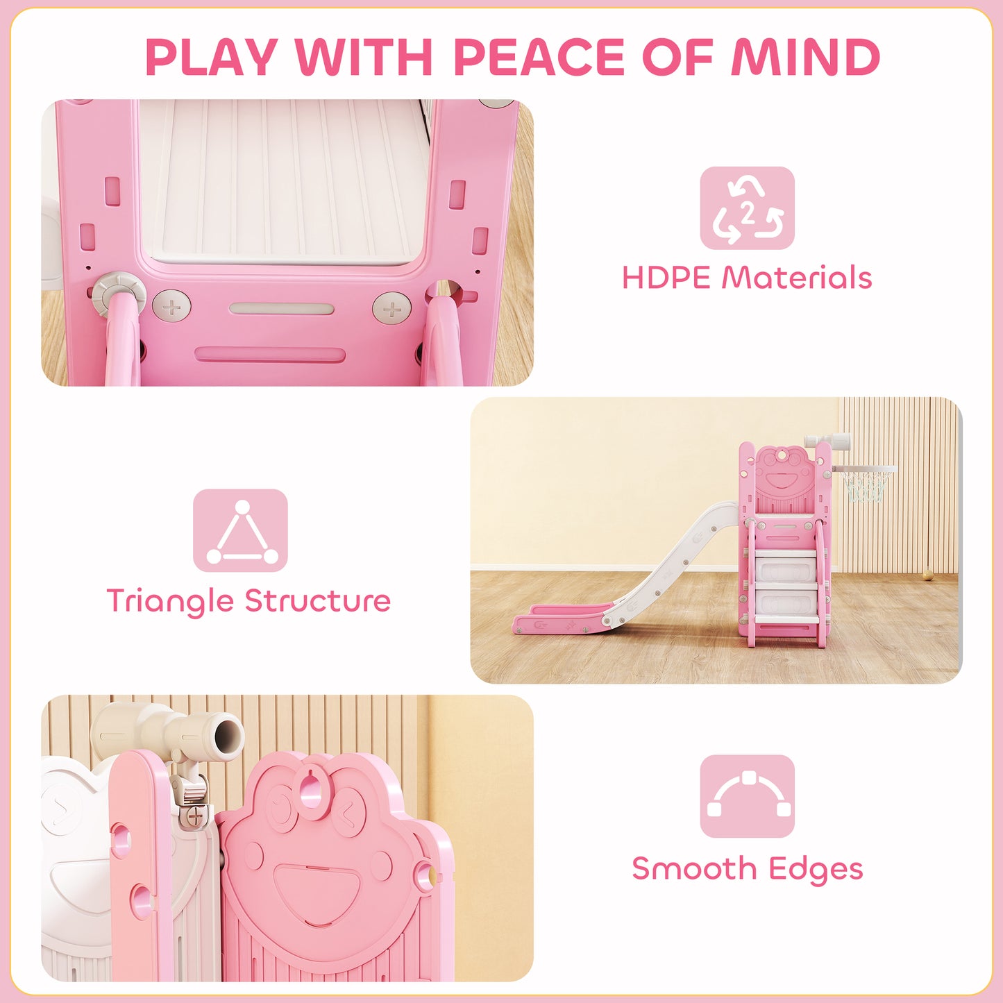 5 in 1 Kids Slide Set with Basketball Hoop, Climbing Frame, Telescope, Storage Box for Toddlers Ages 1-3, Pink