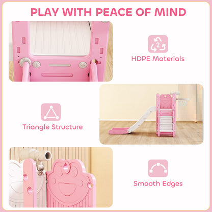 5 in 1 Kids Slide Set with Basketball Hoop, Climbing Frame, Telescope, Storage Box for Toddlers Ages 1-3, Pink