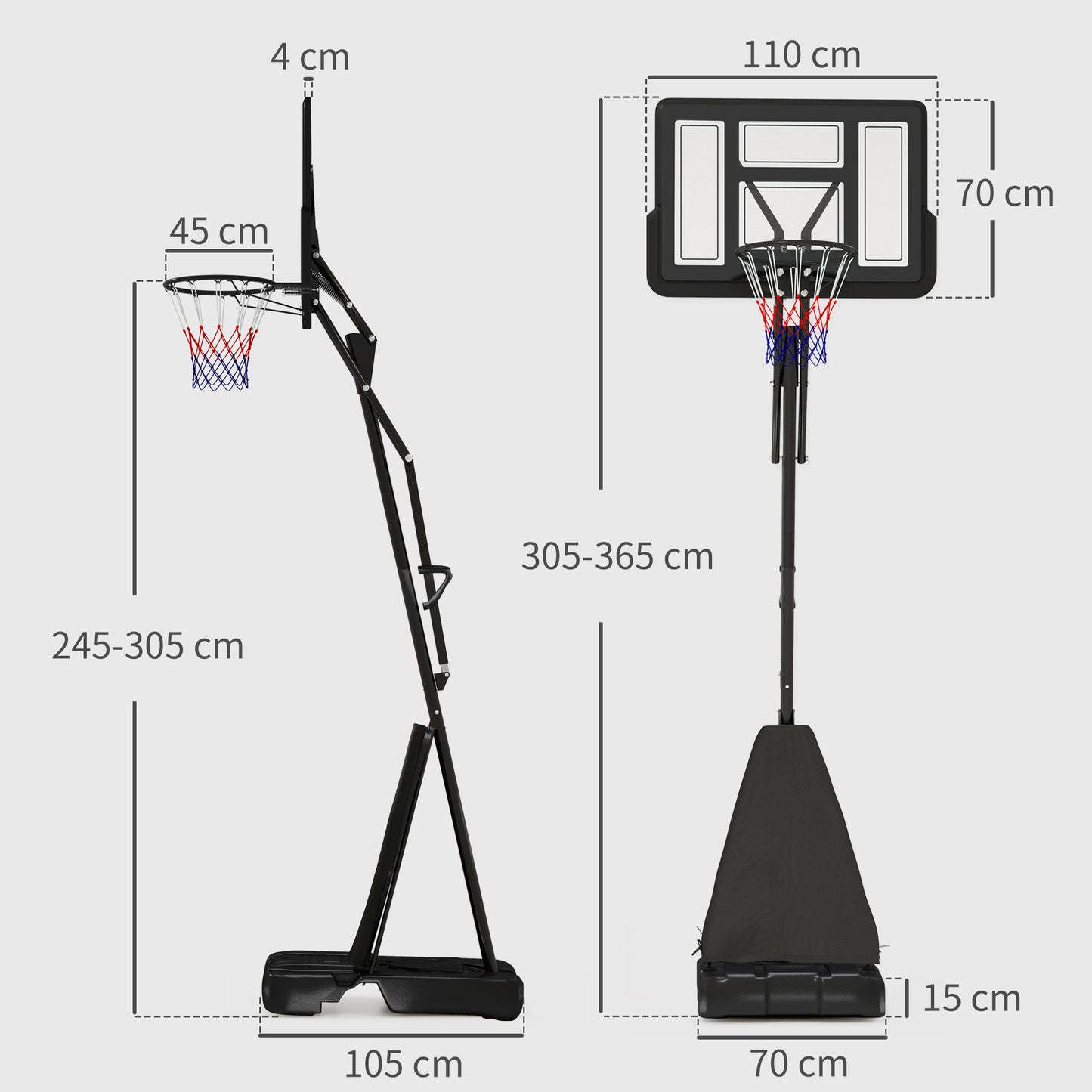 245-305cm Adjustable Basketball Hoop and Stand, with Wheels, Black