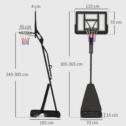 245-305cm Adjustable Basketball Hoop and Stand, with Wheels, Black