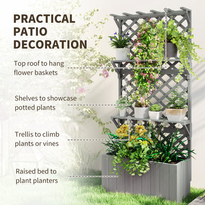 52L Wooden Planter, with Trellis and Shelves - Grey