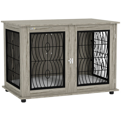 46.46'' Dog Crate Furniture Table with Soft Washable Cushion and Lockable Door, for Large Indoor Dogs, Grey