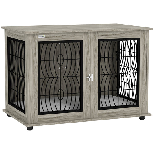 46.46'' Dog Crate Furniture Table with Soft Washable Cushion and Lockable Door, for Large Indoor Dogs, Grey