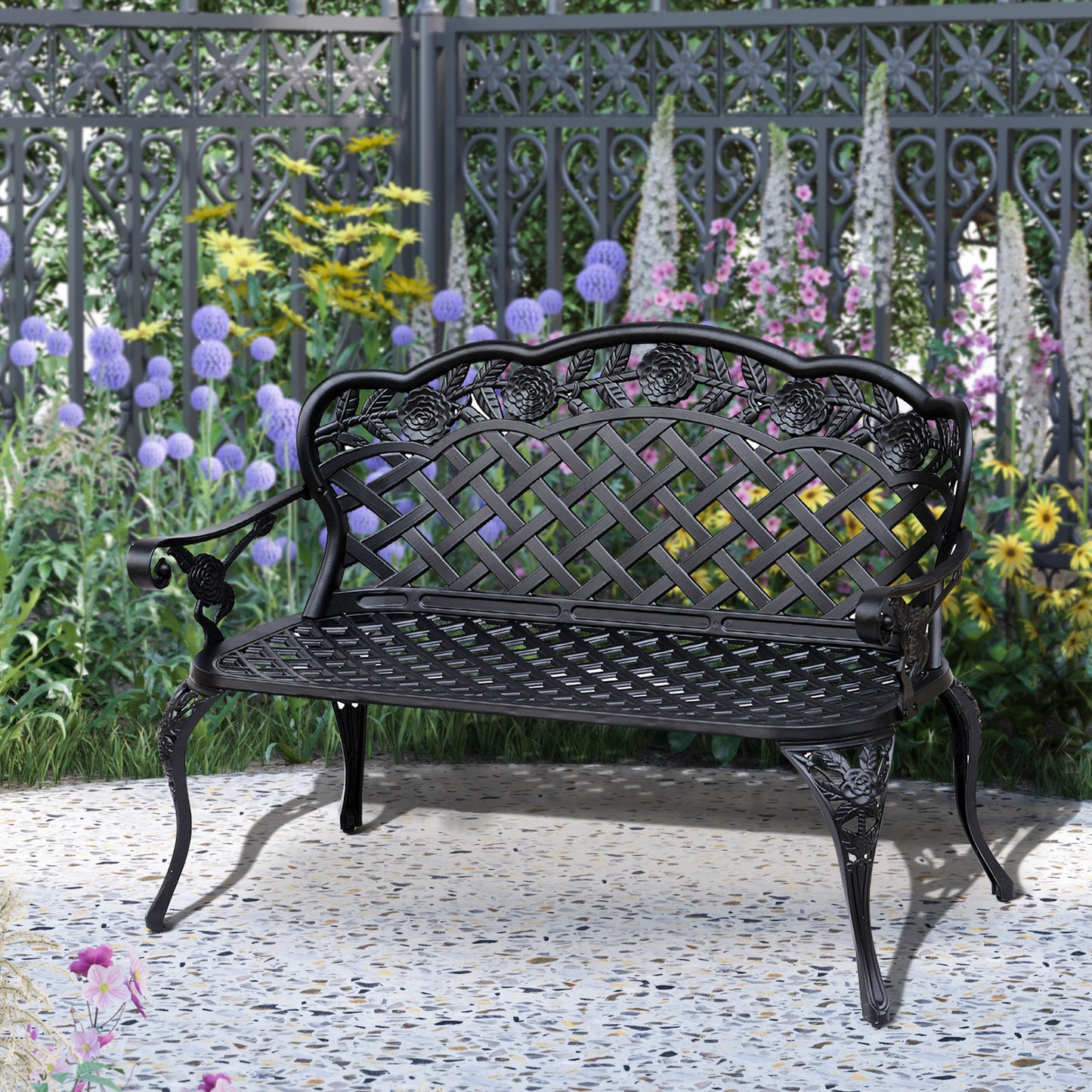 Garden Bench, Cast Aluminium, 107Lx58Wx85H cm-Black