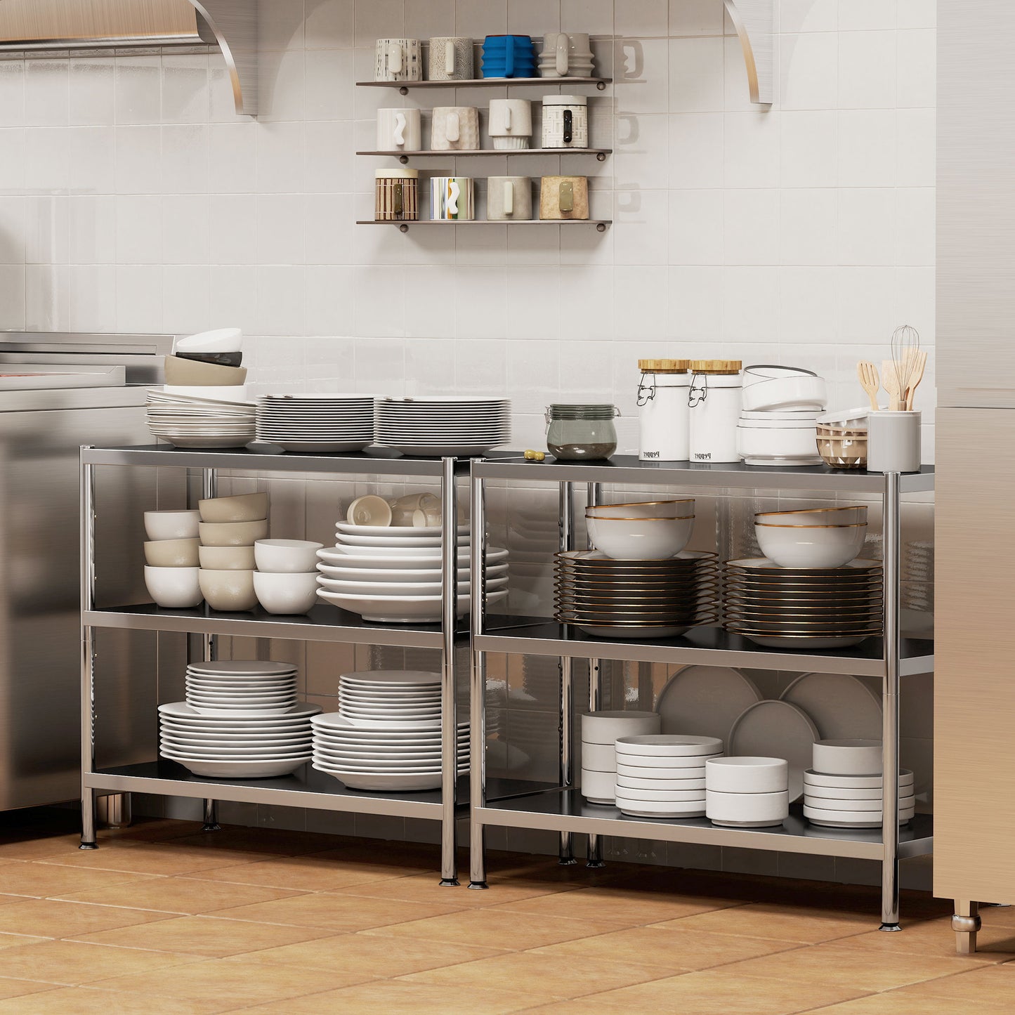 3-Tier Bakers Rack with Storage, Stainless Steel Microwave Stand with Adjustable Shelves for Small Spaces