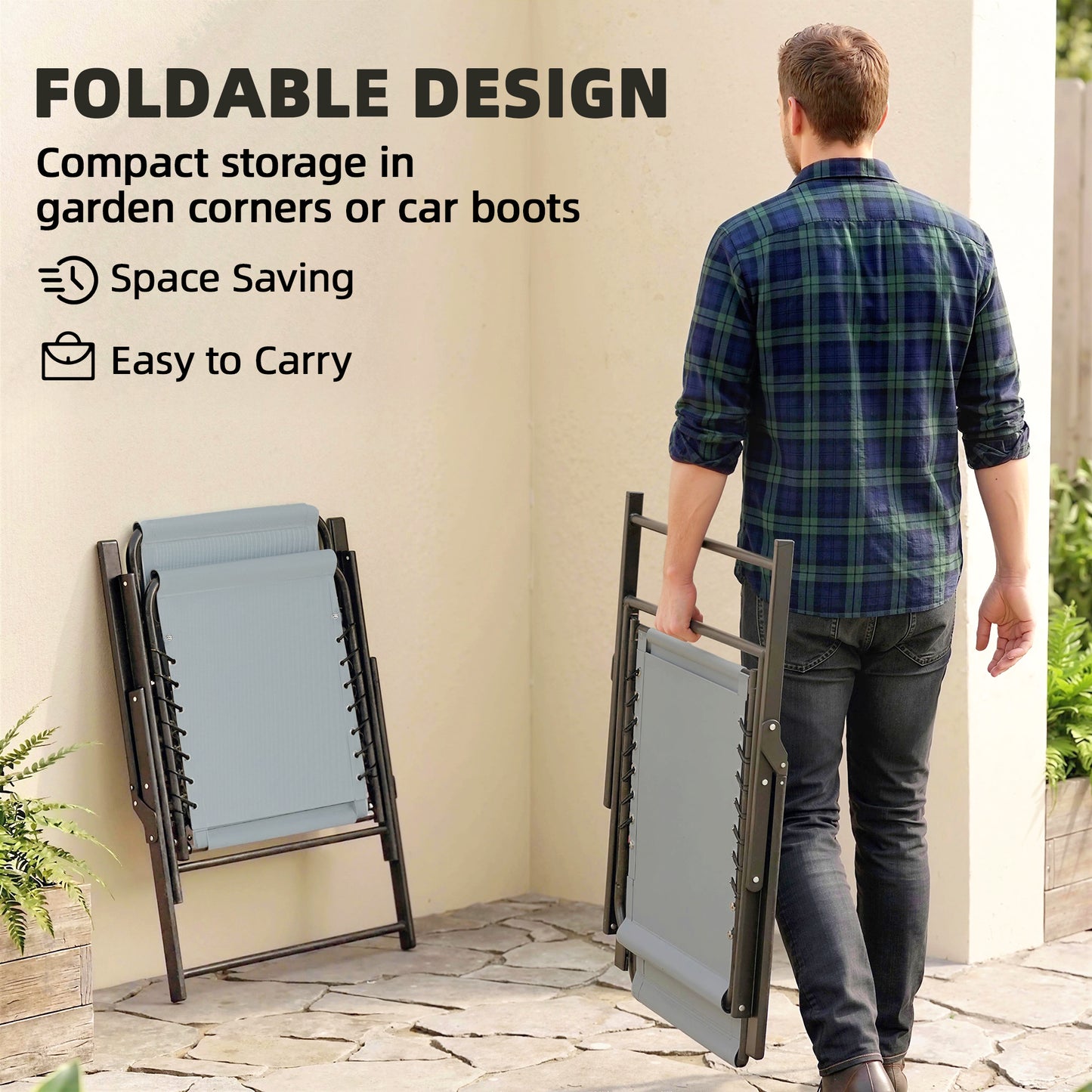 Folding Garden Chairs Set of 4, Outdoor Dining Chairs with Wide Texteline Seat, High Back and Armrests, Light Grey