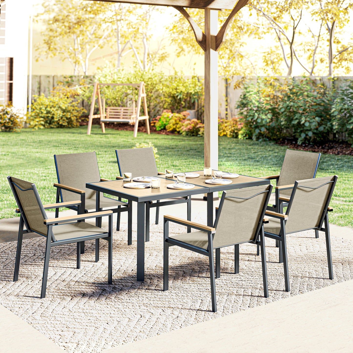Seven-Piece Metal Garden Dining Set, with Glass-Top Table - Khaki