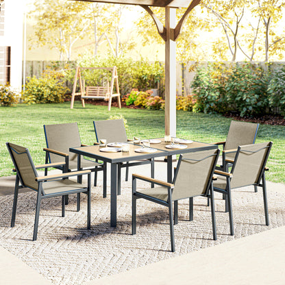 Seven-Piece Metal Garden Dining Set, with Glass-Top Table - Khaki
