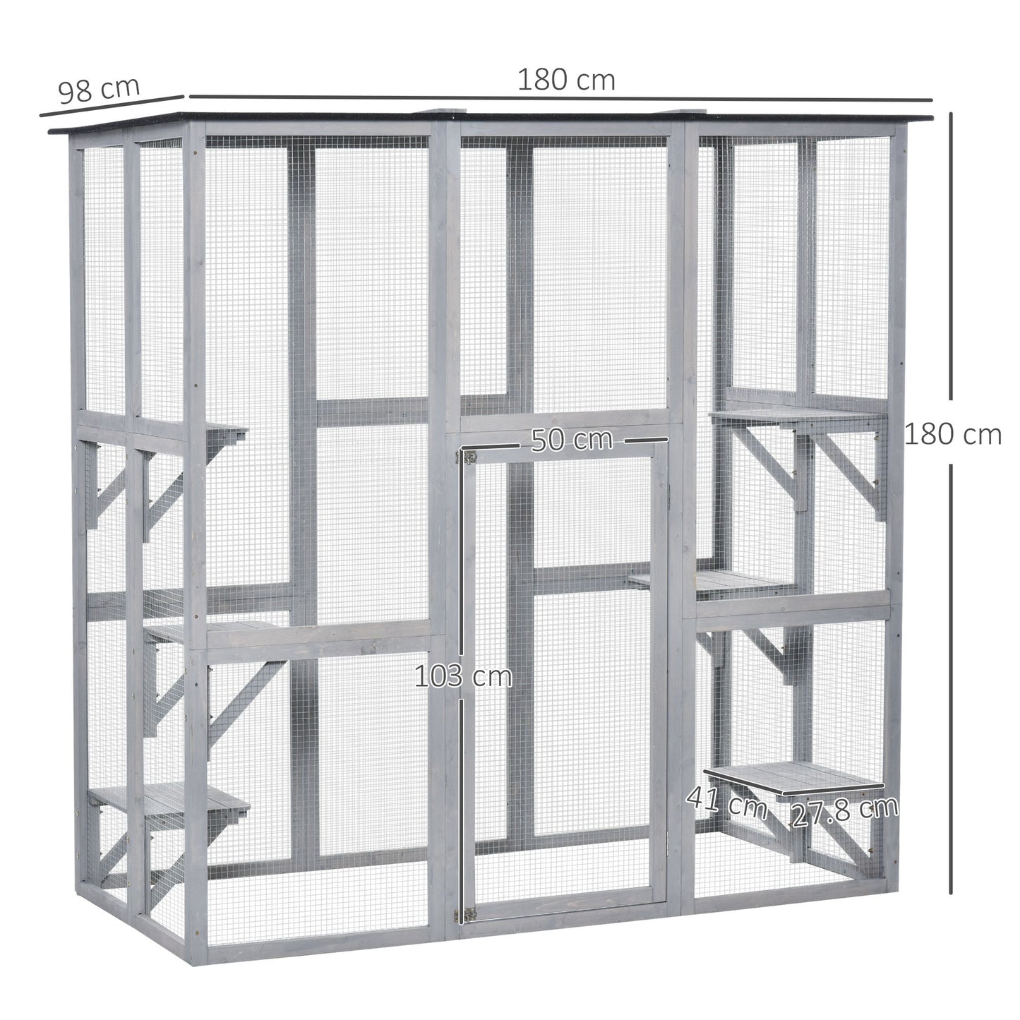Wooden Catio Cat Outdoor Enclosure, Cat Cage with Waterproof Roof, Platforms, for Multiple Kittens, 180 x 98 x 180 cm