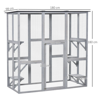 Wooden Catio Cat Outdoor Enclosure, Cat Cage with Waterproof Roof, Platforms, for Multiple Kittens, 180 x 98 x 180 cm