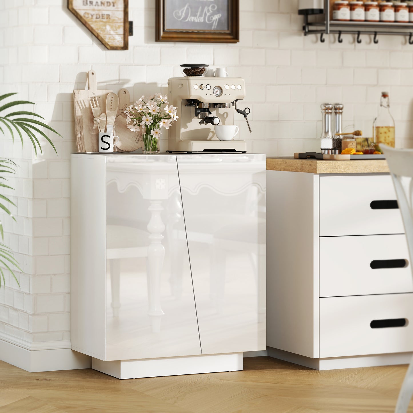 High Gloss Storage Cabinet, Freestanding Storage Cupboard with Adjustable Shelves for Living Room, Bedroom, Hallway, White