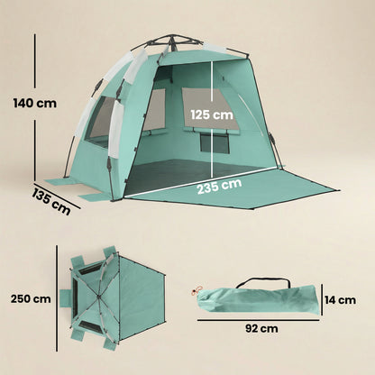 2-3 Person Pop Up Beach Tent, UPF15+ Sun Shelter with Extended Floor, Sandbags, Mesh Windows and Carry Bag, Green