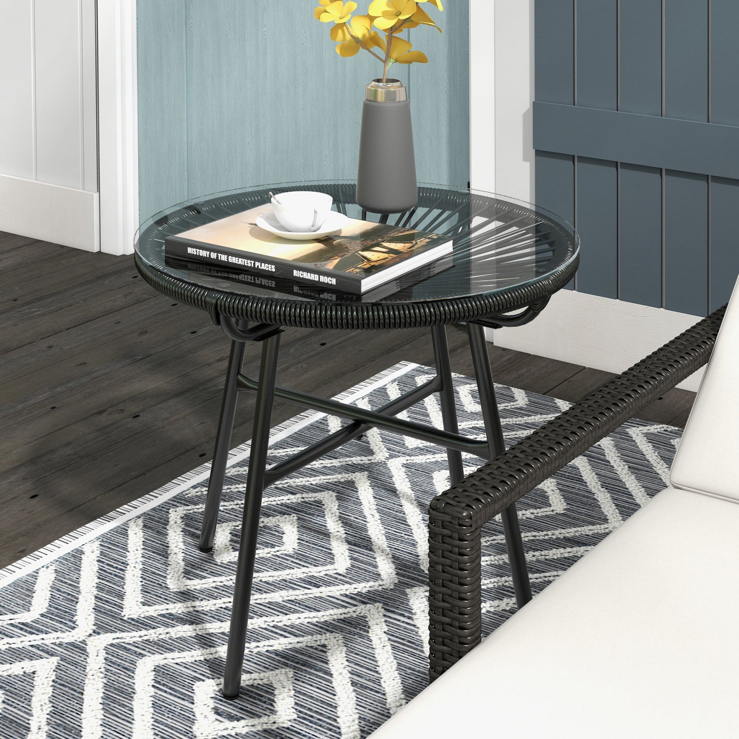 Rattan Side Table, Round Outdoor Coffee Table, with Round PE Rattan and Tempered Glass Tabletop for Patio, Garden, Balcony