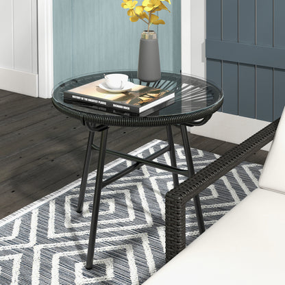 Rattan Side Table, Round Outdoor Coffee Table, with Round PE Rattan and Tempered Glass Tabletop for Patio, Garden, Balcony