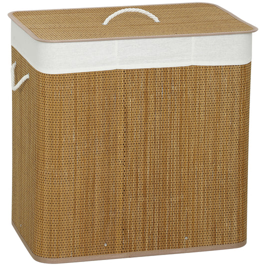 3 Section Laundry Basket with Lid, 144L Bamboo Laundry Hamper with Handles, Removable and Washable Liner, Brown