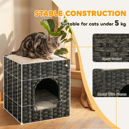 2-Tier Wicker Cat House, Handwoven Rattan Cat Bed with Washable Cushions, Indoor Kitten Condo Hideaway