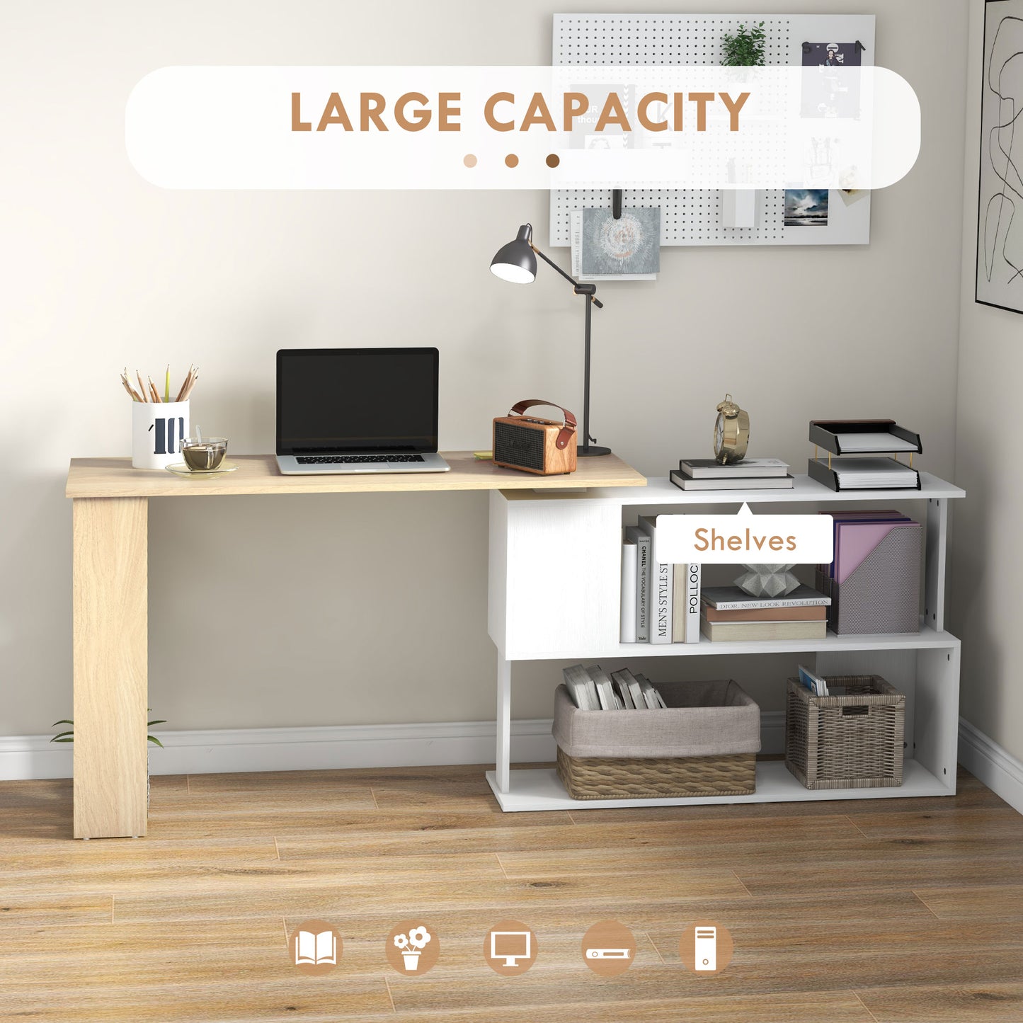 Corner Computer Desk, L Shaped Desk with 360° Rotating Bookshelf, 120L x 110W x 74.5H cm, Natural and White