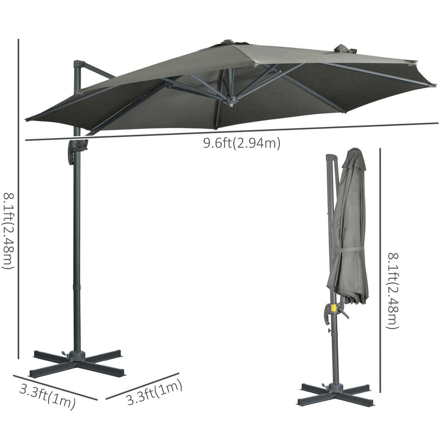 3 x 3(m) Cantilever Parasol with Cross Base, Garden Umbrella with 360° Rotation, Crank Handle and Tilt for Outdoor, Patio