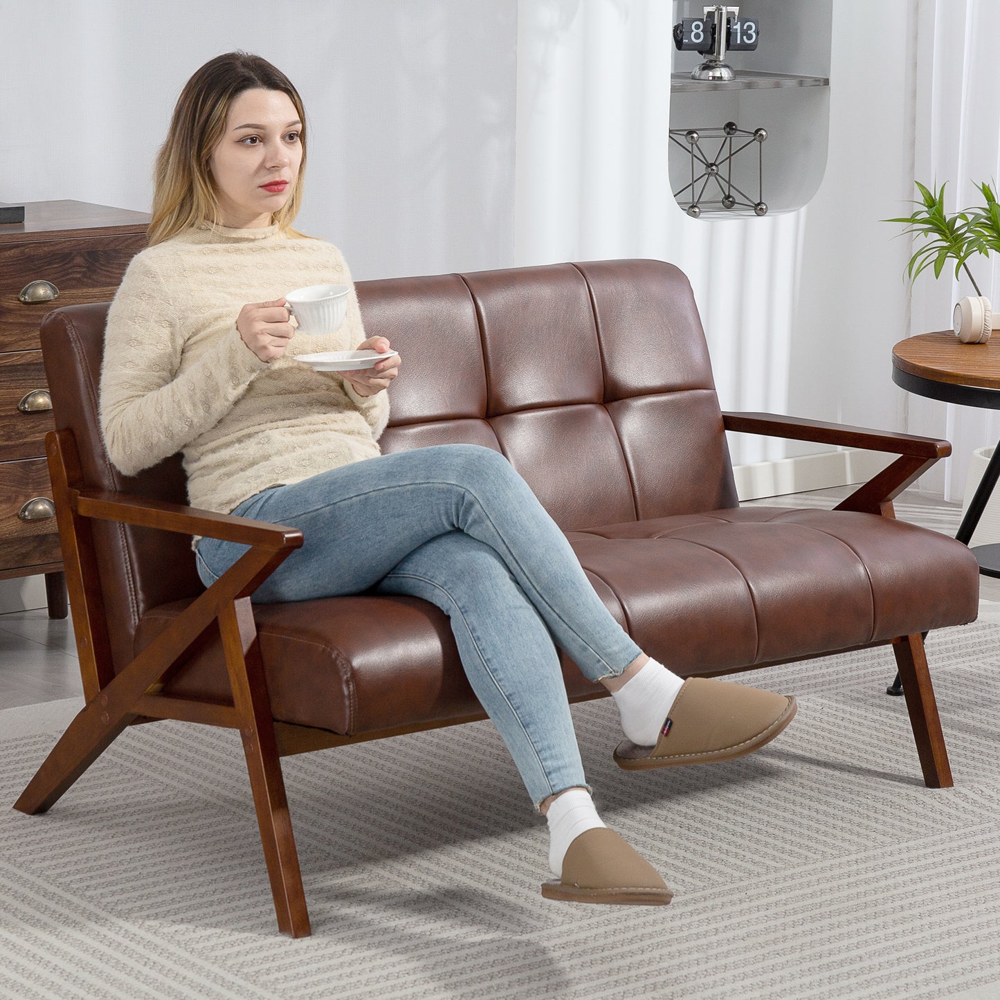 Compact 2 Seater Sofa, Vintage Tufted Loveseat Sofa with Solid Wood Legs, PU Leather Small Couch Settee for Living Room