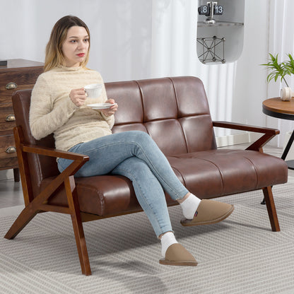 Compact 2 Seater Sofa, Vintage Tufted Loveseat Sofa with Solid Wood Legs, PU Leather Small Couch Settee for Living Room