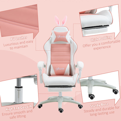 Racing Gaming Chair, Reclining PU Leather Computer Chair with Removable Rabbit Ears, Footrest, Headrest and Lumber Support