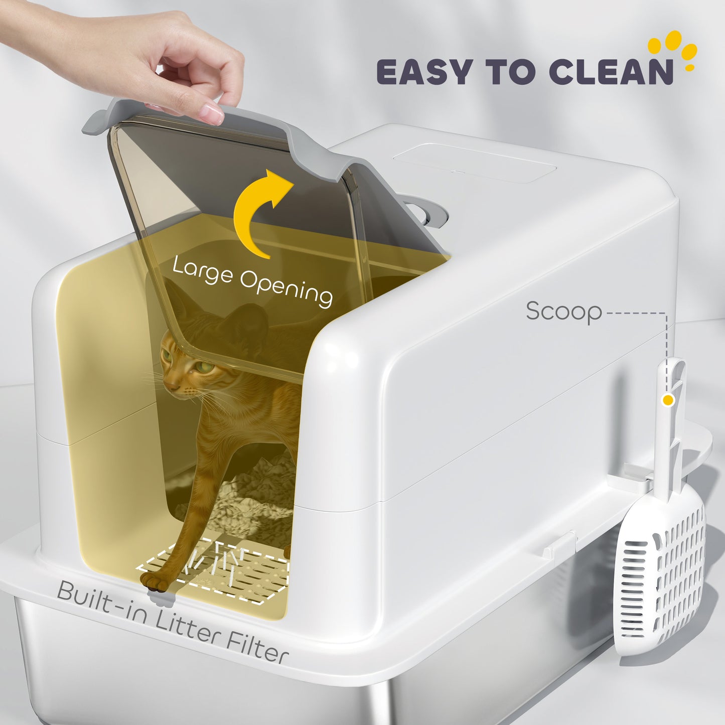 Stainless Steel Cat Litter Box with Removable Lid, Scoop, Filter Bags, for Larger Cats, White