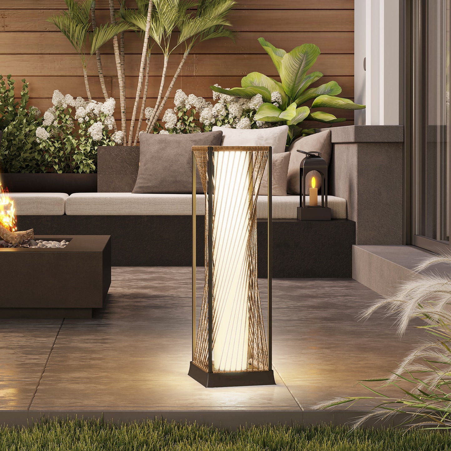 Rattan Solar Garden Lights, Auto On/Off LED Floor Lamp, Sand Brown