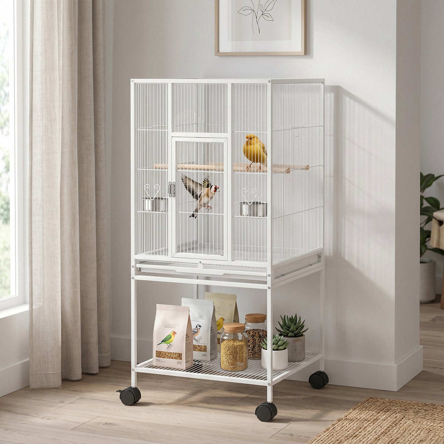 Bird Cage Detachable with Rolling Stand Parrot Cage with Storage Shelf White