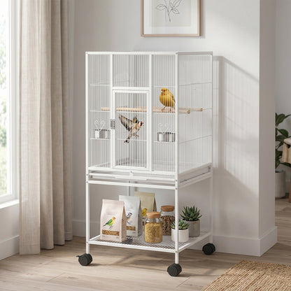 Bird Cage Detachable with Rolling Stand Parrot Cage with Storage Shelf White