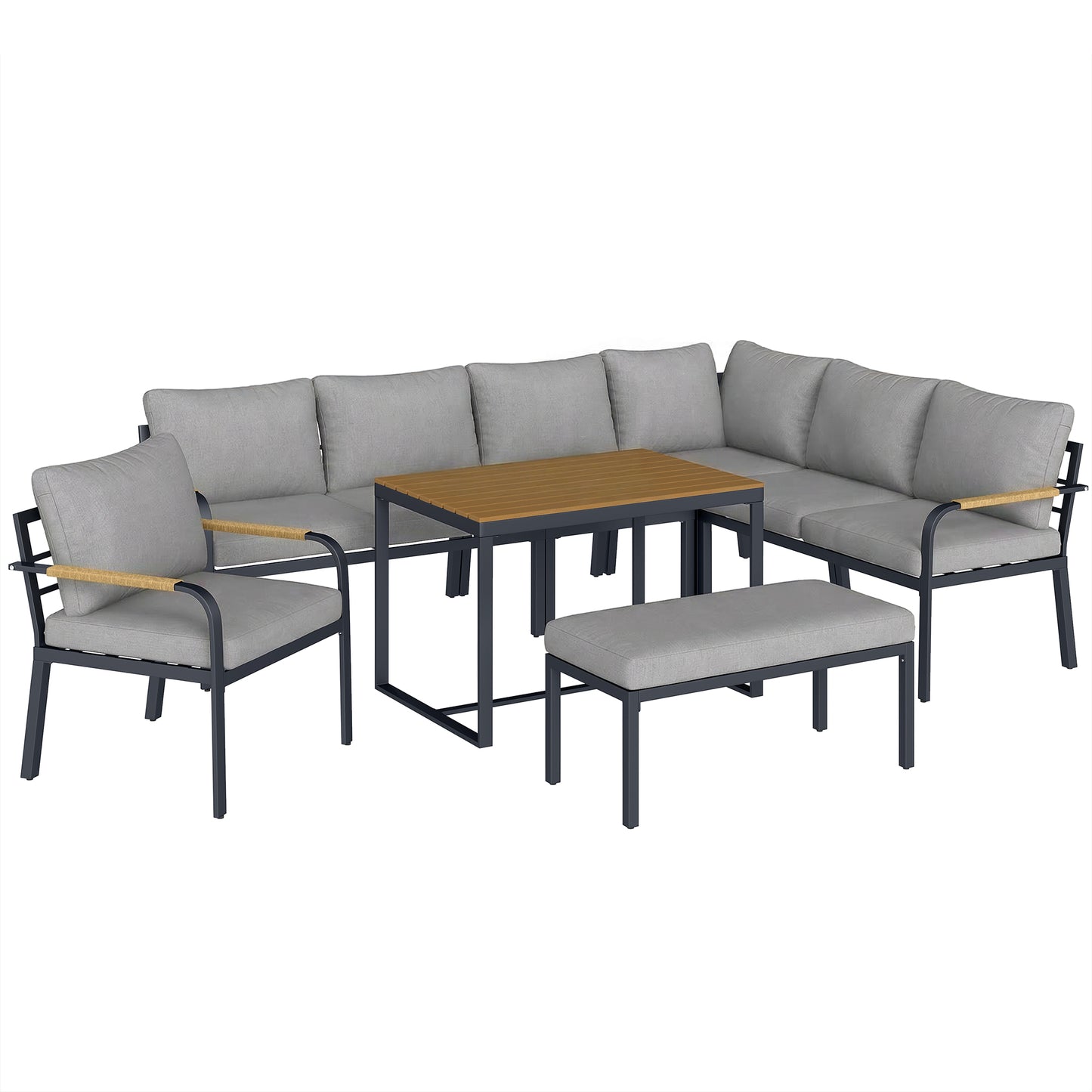 7 Seater Garden Furniture Set, Metal Garden Sofa Set with Cushions, Outdoor Furniture Conversation Sets, Light Grey