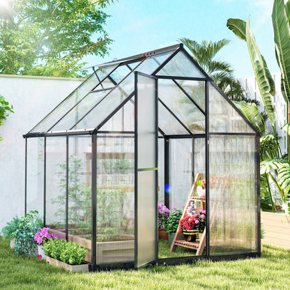 Polycarbonate Greenhouse with Swing Door and Adjustable Window, Walk-in Greenhouse with Rain Gutter, 5.5 x 6ft, Black