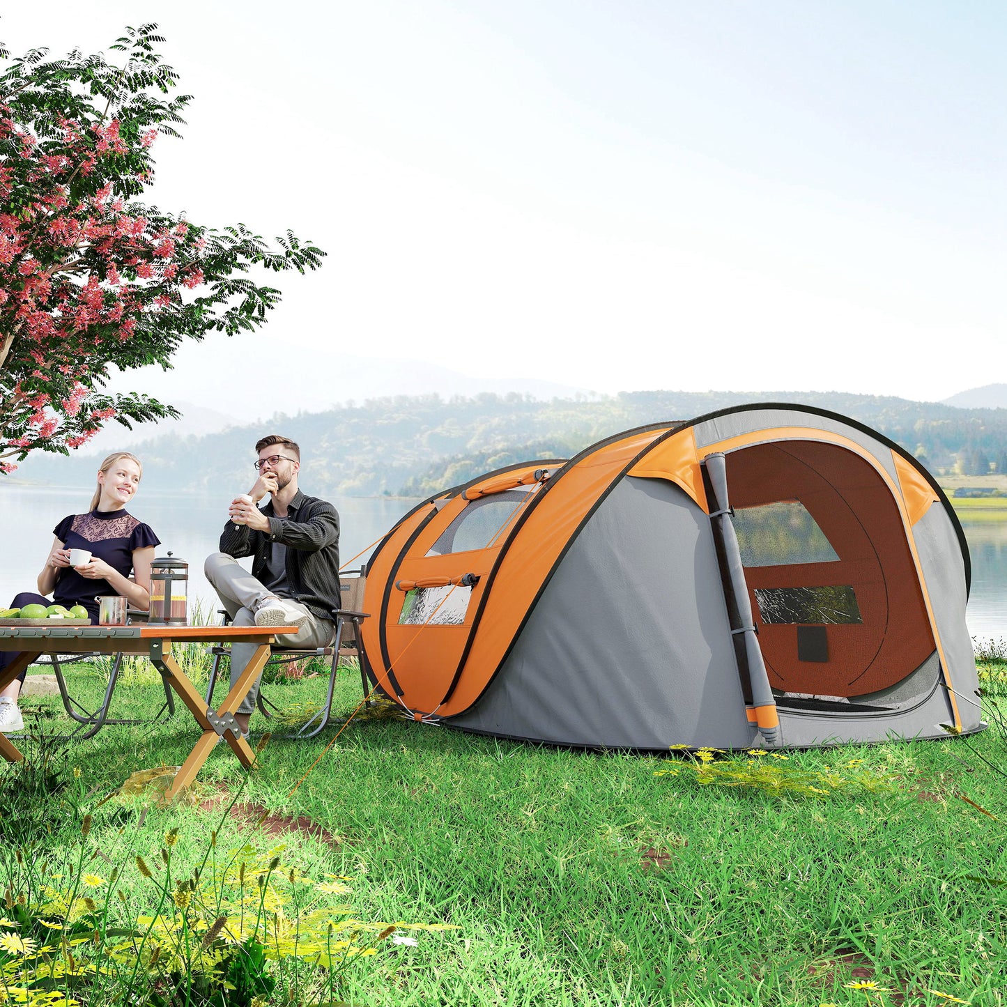 4 Person Pop-up Camping Tent Family Tent with Ground Sheet, 4 Windows and Portable Carry Bag for Beach Outdoor Trip, Orange