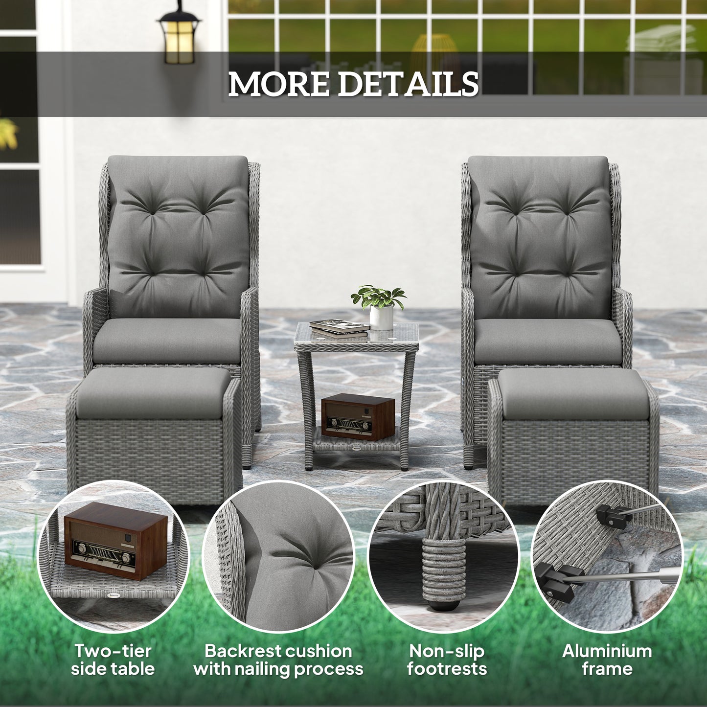 5 Pieces Rattan Bistro Set with Adjustable Back, Reclining Wicker Balcony Furniture with Cushions