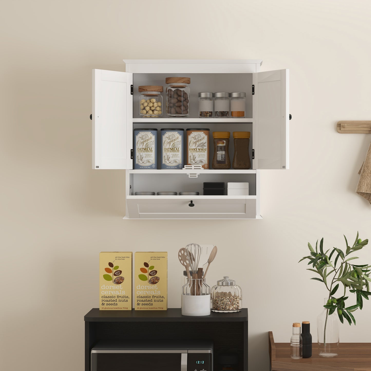 Bathroom Wall Cabinet with Adjustable Shelf and Recessed Doors, White
