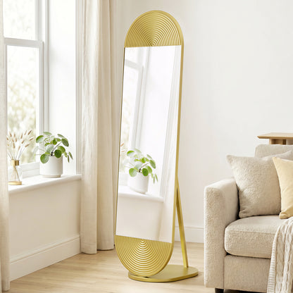 50 x 161 cm Wavy Full Length Mirror, Free Standing Mirror with Metal Frame and Solid Base, Gold Tone