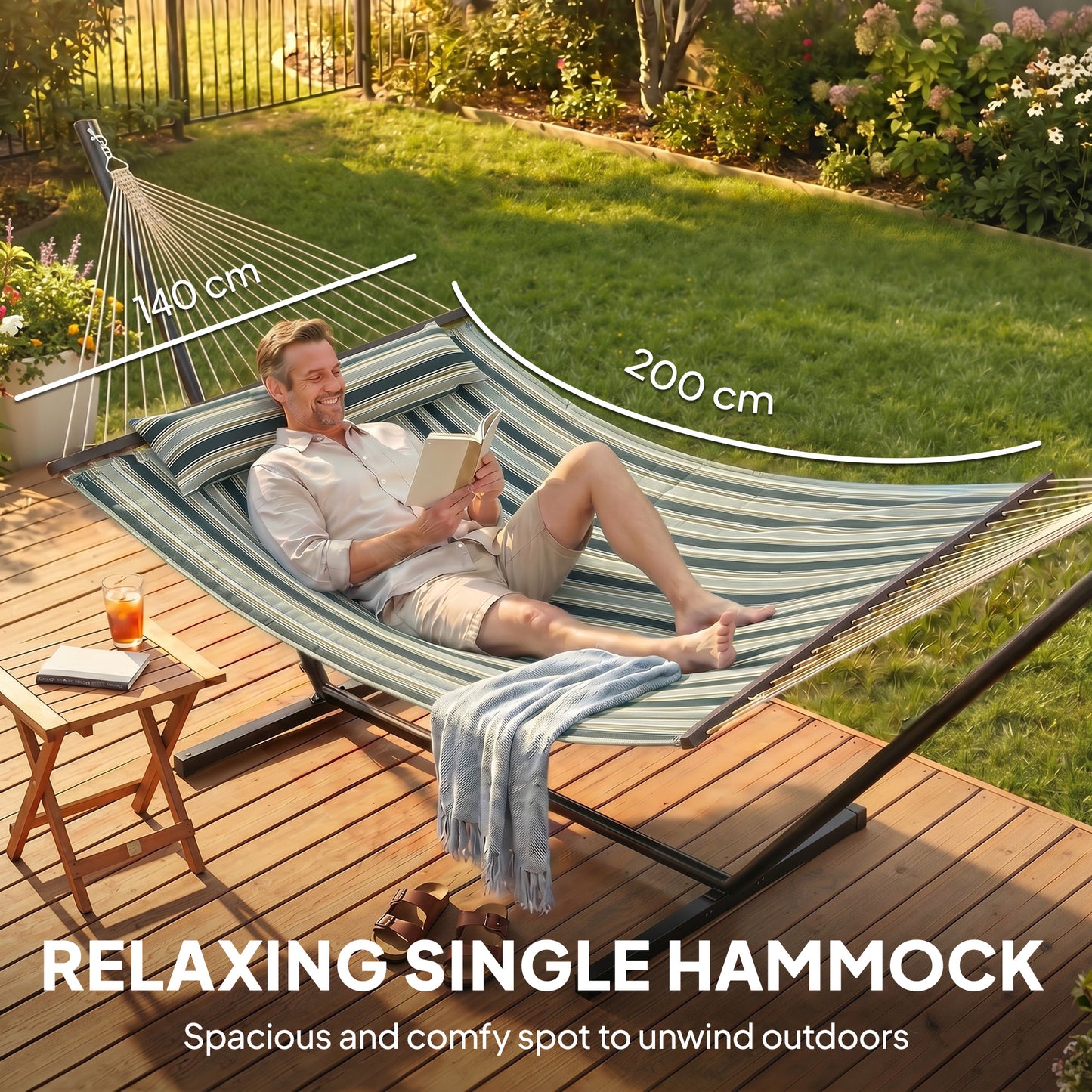 Outdoor Hammock with Stand Detachable Pillow Striped Swing Steel Frame, for Garden, Patio, Green
