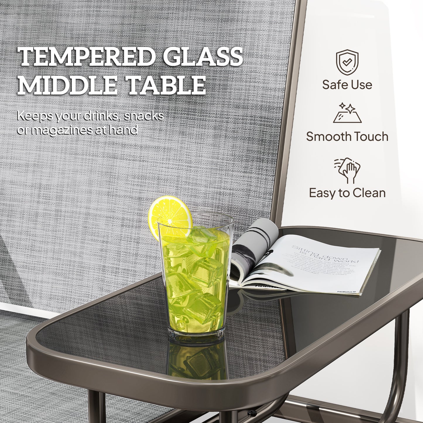 2 Seats Garden Glider Bench, Metal Frame Loveseat with Glass Top Centre Table, Porch Rocking Glider for 2 Person, for Deck