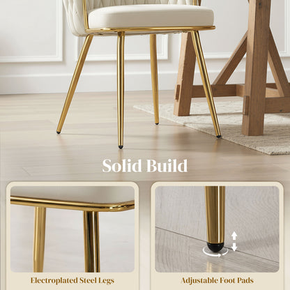 Velvet-Feel Dining Chairs Set of 2, Modern Upholstered Armchair with Knot Design and Golden Metal Legs