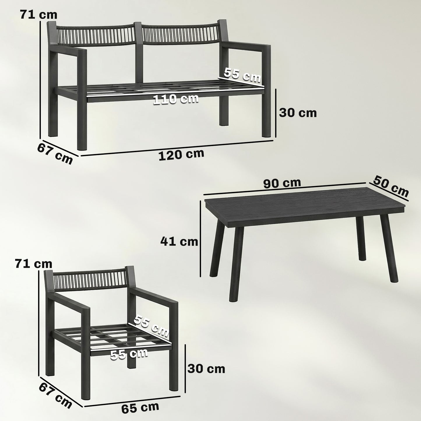 4 Seater Rattan Garden Furniture Set with 2 Armchairs, Loveseat, Coffee Table, Dark Grey