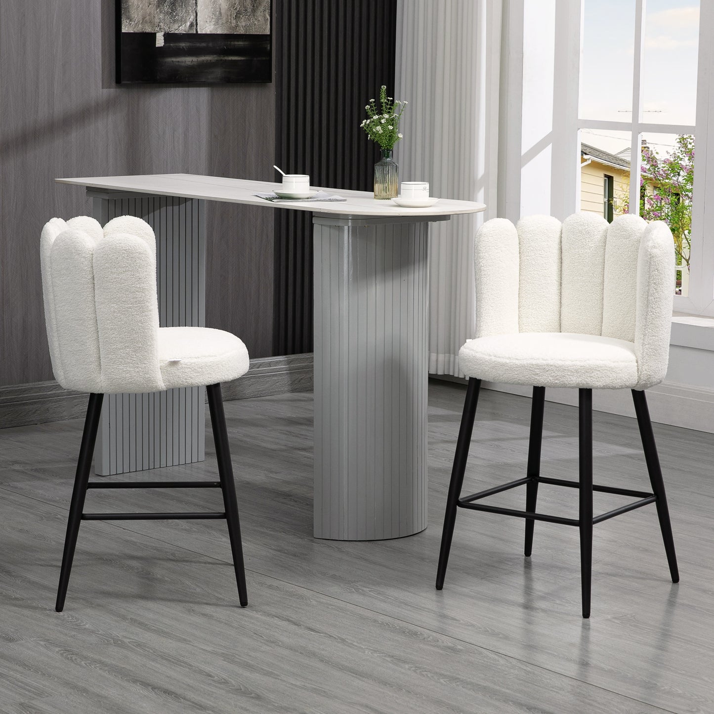 Bar Stools Set of 2, Modern Boucle Upholstered Shell Barstools, Breakfast Bar Chairs with Backrest