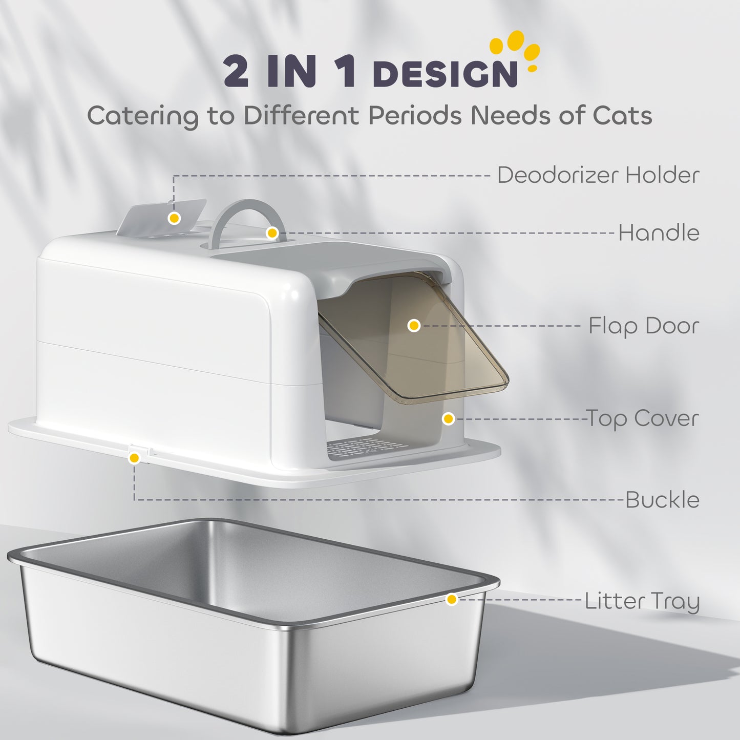 Stainless Steel Cat Litter Box with Removable Lid, Scoop, Filter Bags, for Larger Cats, White