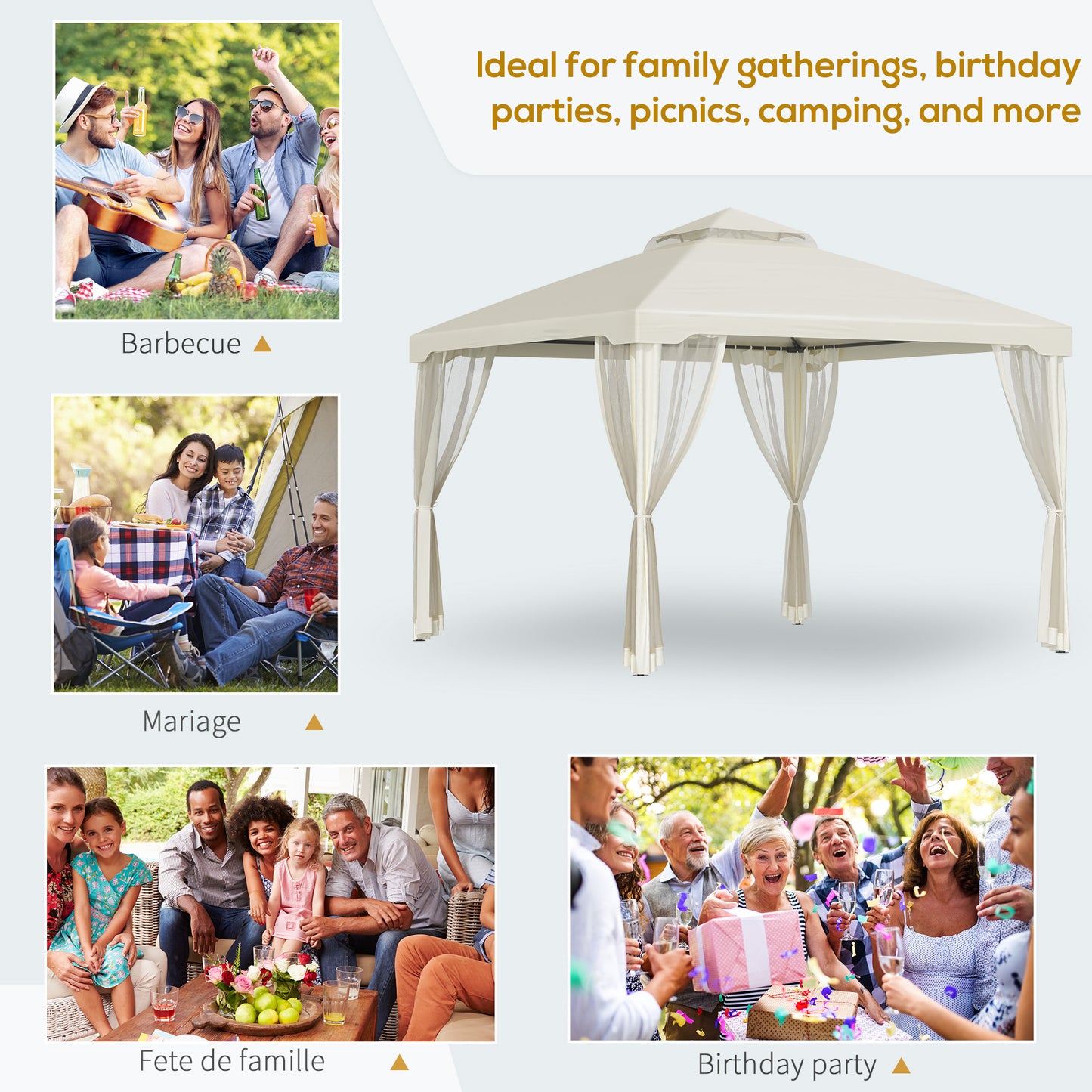 3 x 3 m Metal Gazebo, Double Roof Canopy Shelter with Mesh Sidewalls, Cream White