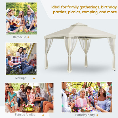 3 x 3 m Metal Gazebo, Double Roof Canopy Shelter with Mesh Sidewalls, Cream White