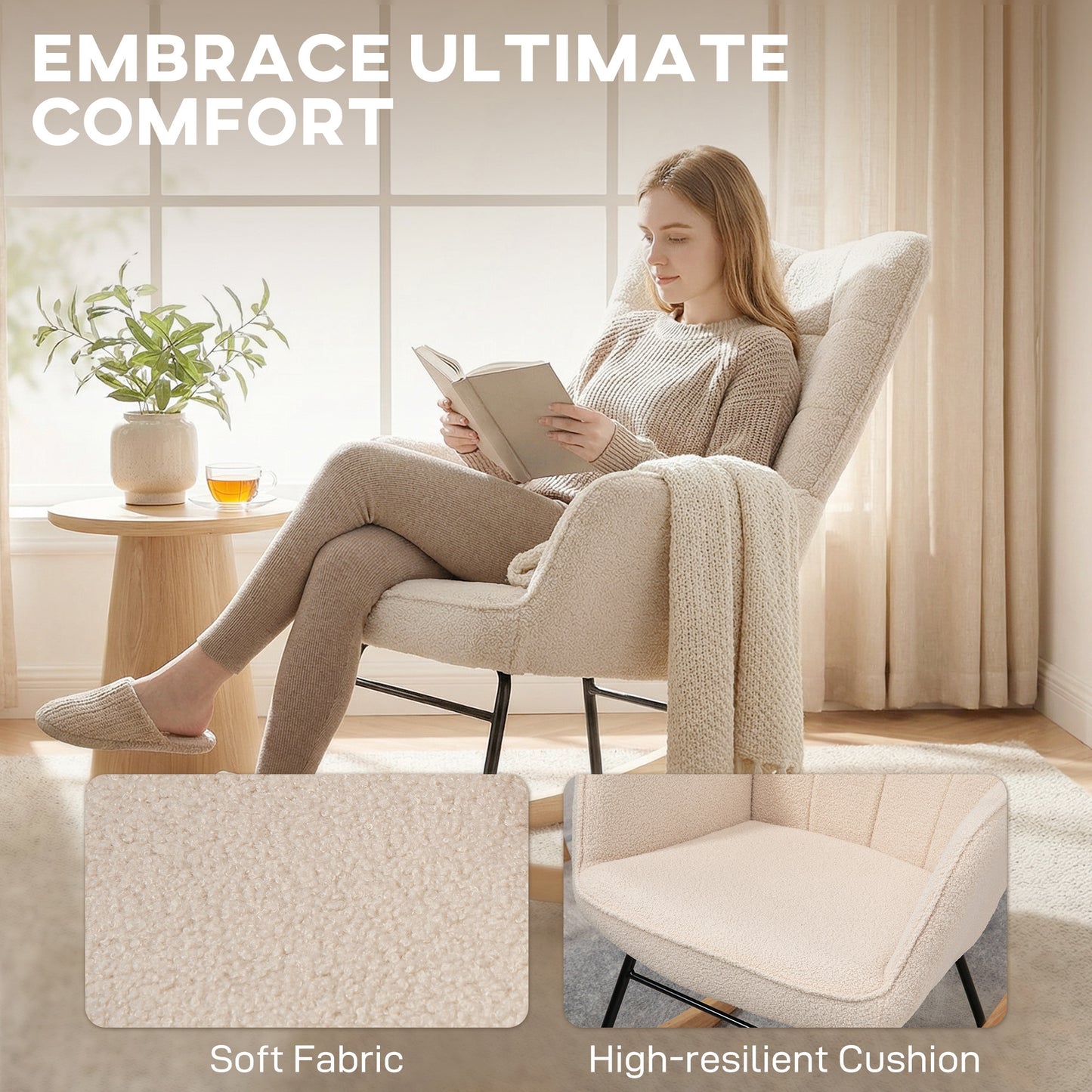 Berber Fleece Nursery Glider Rocker for Nursing, Wingback Rocking Chair for Living Room, Beige