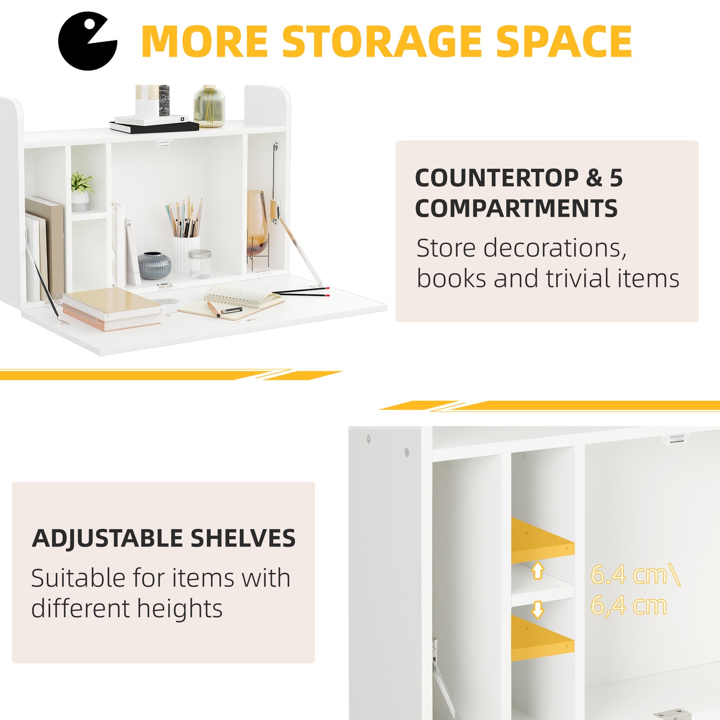 Wall Mounted Table, Drop Leaf Floating Laptop Desk with Space Saving Storage Compartments for Home Office and Study