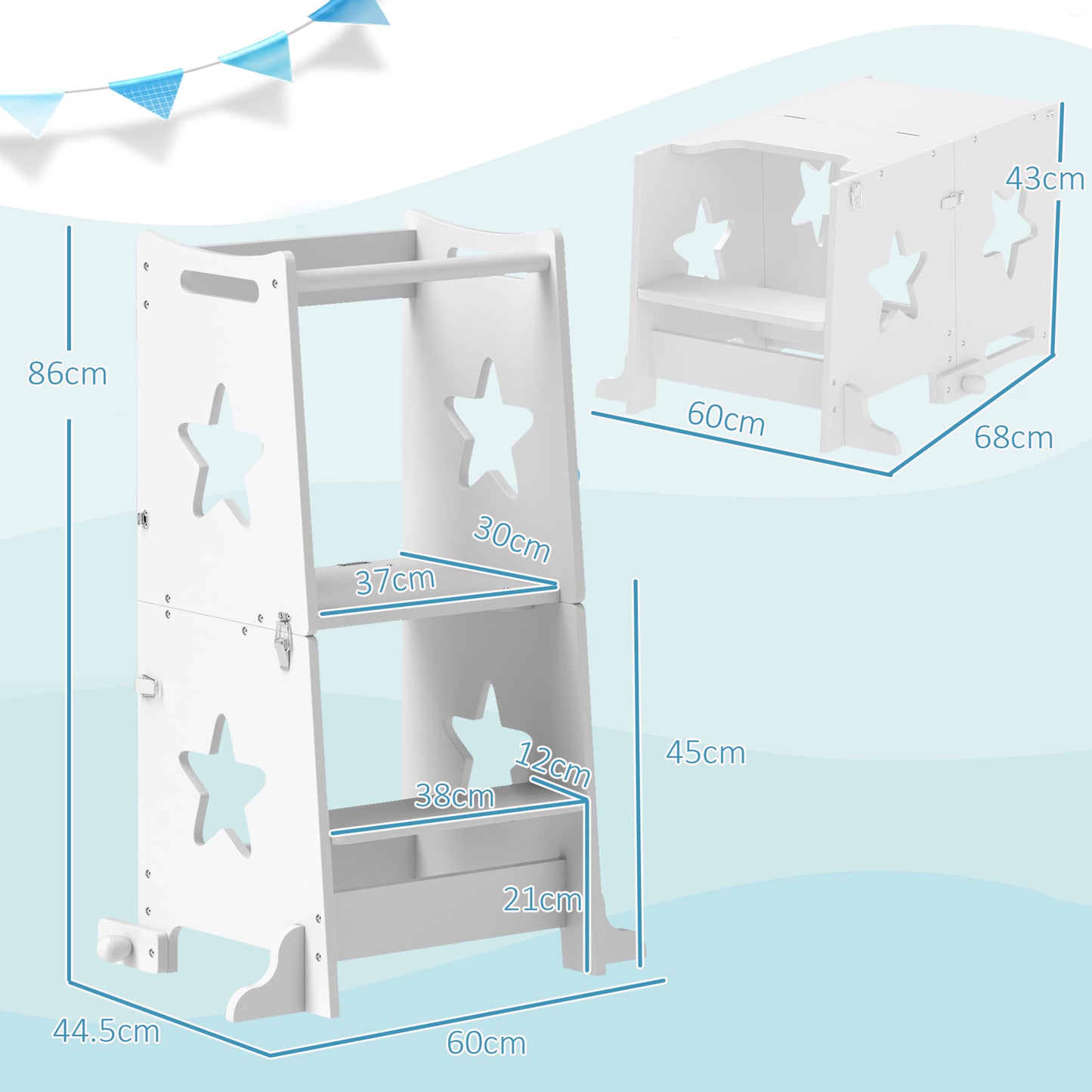 2-in-1 Toddler Step Stool with Safety Rail for Kitchen, Bathroom, White