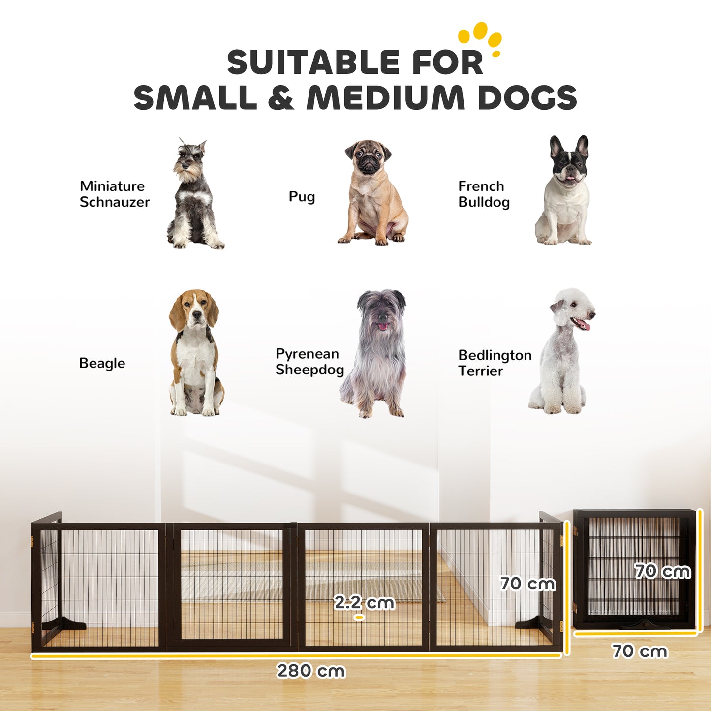 Wooden Pet Gate, Freestanding Dog Security Barrier with Two Support Feet - Black