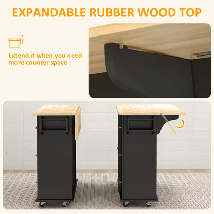Kitchen Island with Drop Leaf, Rolling Kitchen Storage Trolley on Wheels with 3 Drawers, Black
